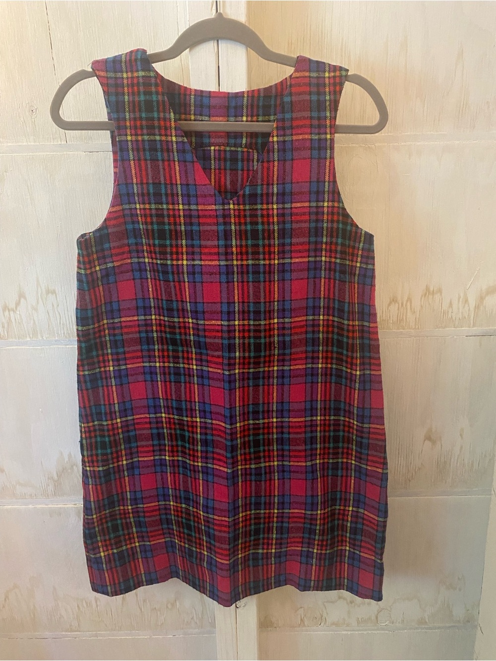 Unbranded Sleeveless Pink Purple Plaid Mini Dress Jumper V-Neck Small Twee 60’s